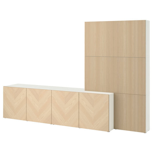 BESTÅ storage combination with doors, white Hedeviken/Björköviken ash veneer, 300x42x193 cm