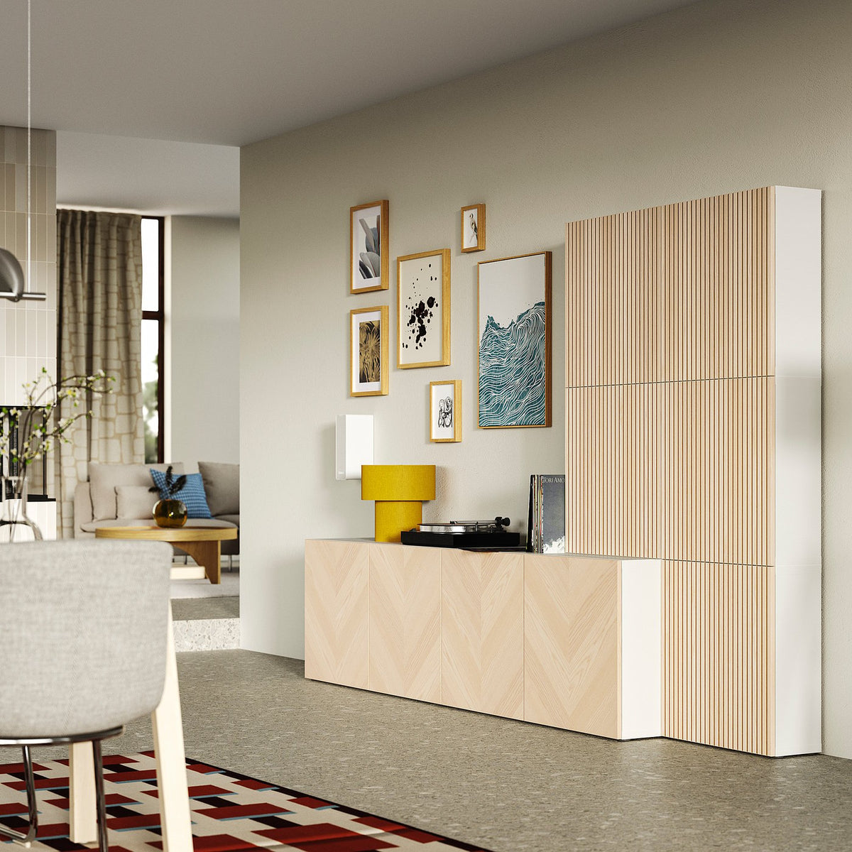 BESTÅ storage combination with doors, white Hedeviken/Björköviken ash veneer, 300x42x193 cm