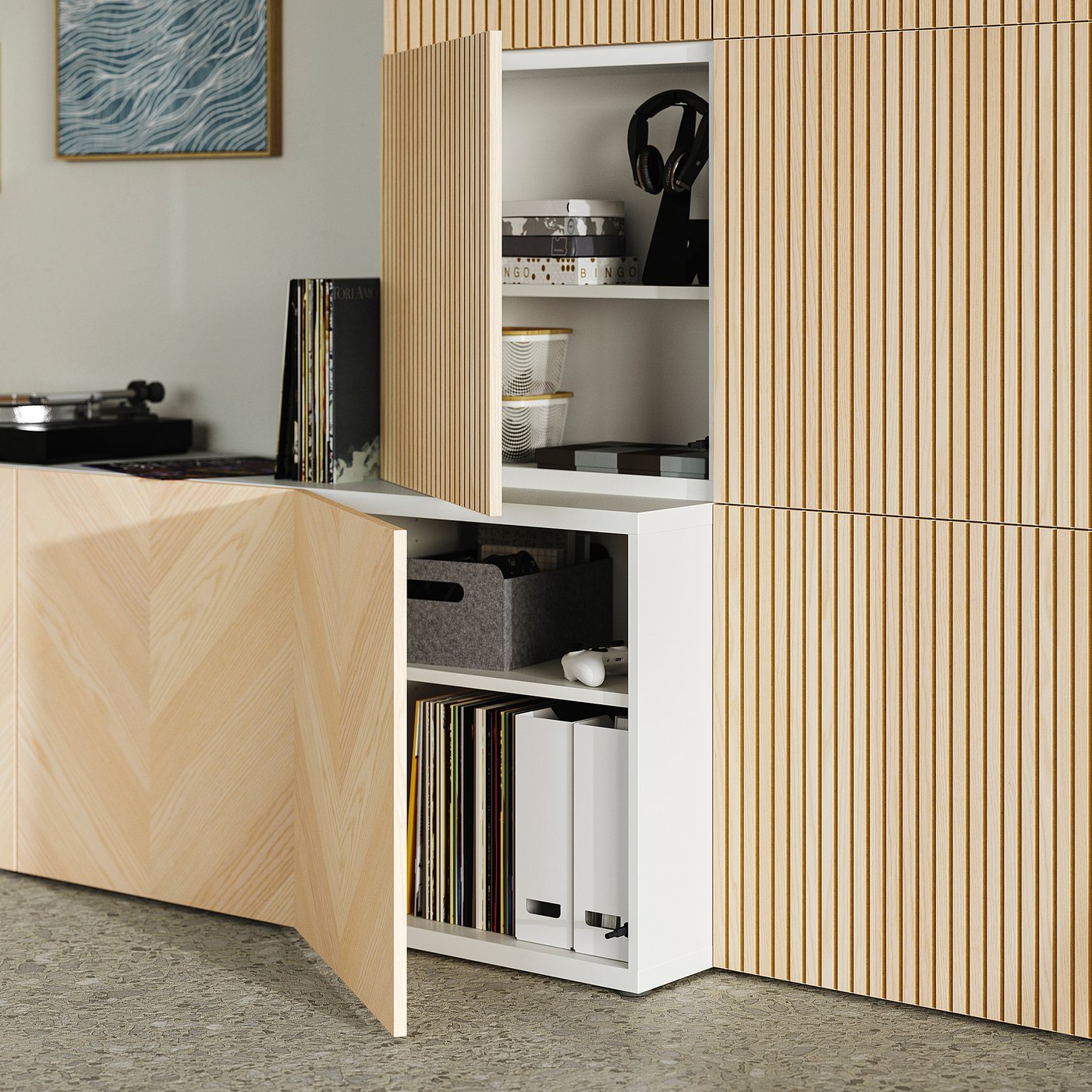 BESTÅ storage combination with doors, white Hedeviken/Björköviken ash veneer, 300x42x193 cm
