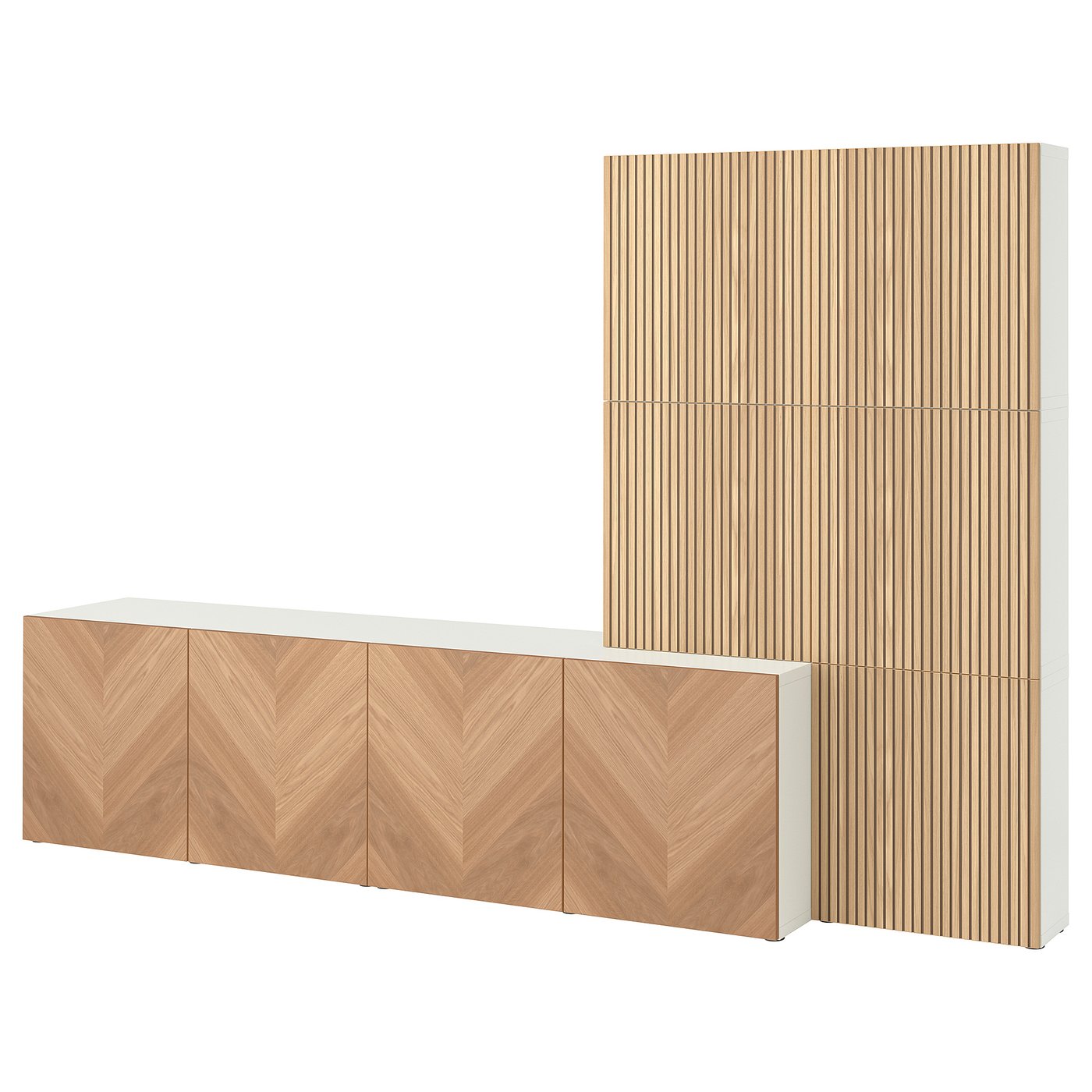 BESTÅ storage combination with doors, white Hedeviken/Björköviken oak veneer, 300x42x193 cm