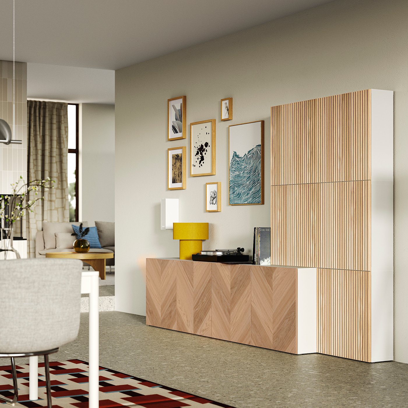 BESTÅ storage combination with doors, white Hedeviken/Björköviken oak veneer, 300x42x193 cm