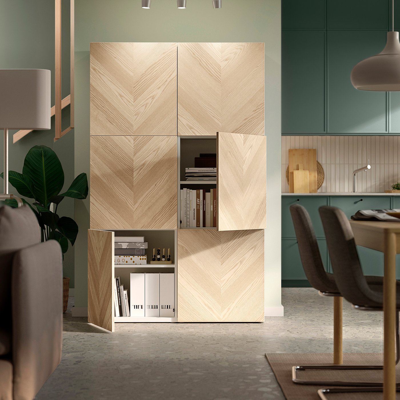 BESTÅ storage combination with doors, white/Hedeviken ash veneer, 120x42x193 cm