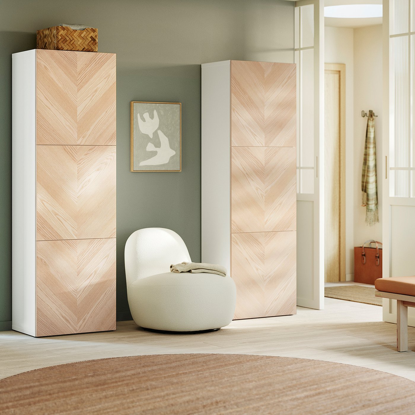 BESTÅ storage combination with doors, white/Hedeviken ash veneer, 120x42x193 cm