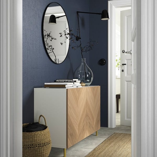 Ikea BESTÅ - Storage combination with doors, white/Hedeviken/Ösarp oak veneer, 120x42x74 cm
