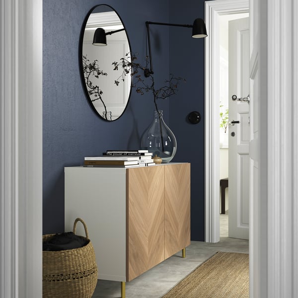 BESTÅ storage combination with doors, white/Hedeviken/Ösarp oak veneer, 120x42x74 cm