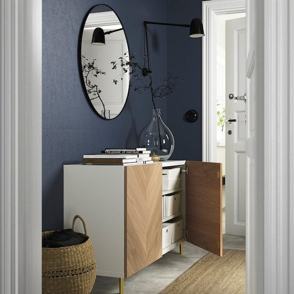 Ikea BESTÅ - Storage combination with doors, white/Hedeviken/Ösarp oak veneer, 120x42x74 cm