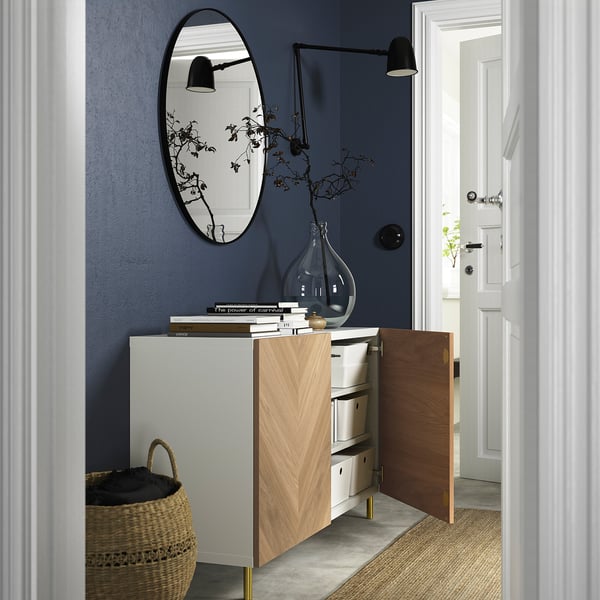 BESTÅ storage combination with doors, white/Hedeviken/Ösarp oak veneer, 120x42x74 cm