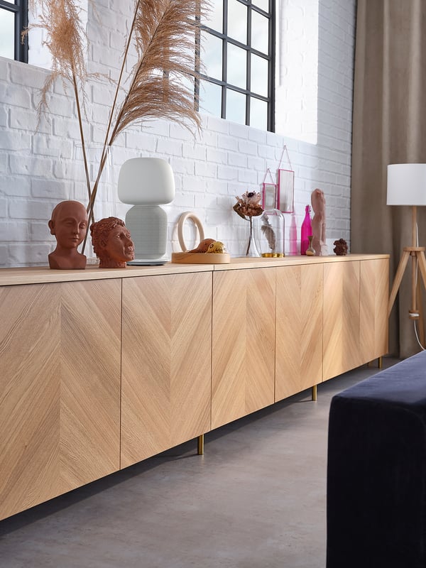 BESTÅ storage combination with doors, white/Hedeviken/Ösarp oak veneer, 120x42x74 cm