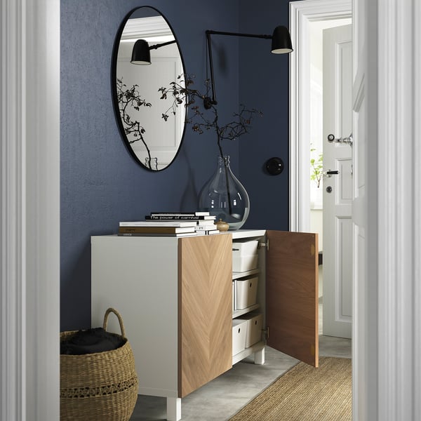 BESTÅ storage combination with doors, white/Hedeviken/Stubbarp oak veneer, 120x42x74 cm