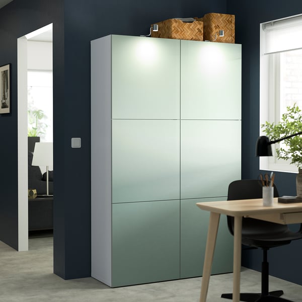 BESTÅ storage combination with doors, white/Hjortviken pale grey-green, 120x42x193 cm