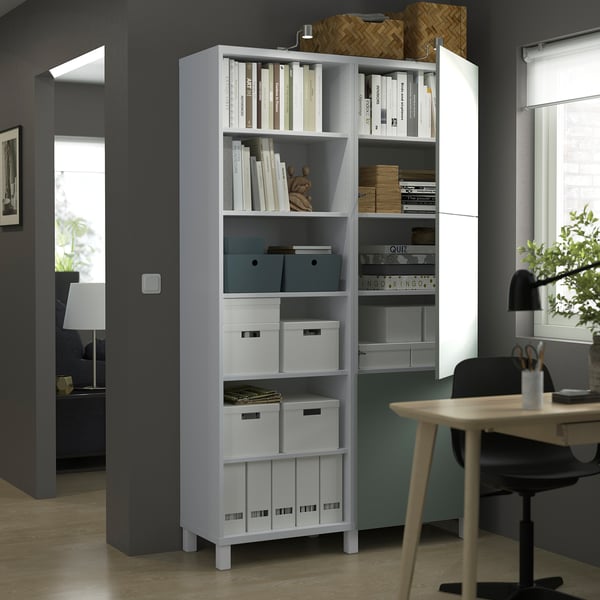 BESTÅ storage combination with doors, white/Hjortviken pale grey-green, 120x42x202 cm