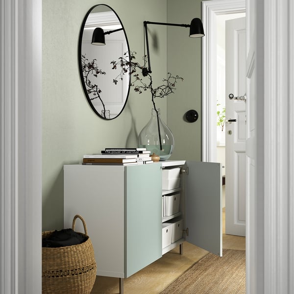 BESTÅ storage combination with doors, white/Hjortviken/Ösarp pale grey-green, 120x42x74 cm