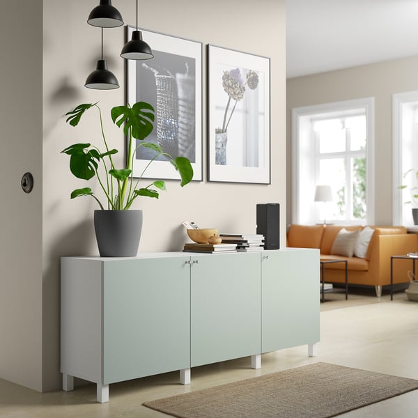 BESTÅ storage combination with doors, white/Hjortviken/Stubbarp pale grey-green, 180x42x74 cm