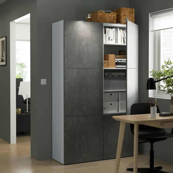 BESTÅ - BESTÅ Storage combination with doors, white/Kallviken dark grey concrete effect, 120x42x193 cm