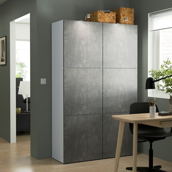 BESTÅ - BESTÅ Storage combination with doors, white/Kallviken dark grey concrete effect, 120x42x193 cm