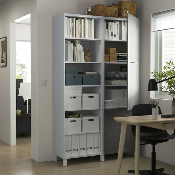 BESTÅ - BESTÅ Storage combination with doors, white/Kallviken/Stubbarp concrete effect, 120x42x202 cm