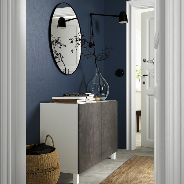 BESTÅ - BESTÅ Storage combination with doors, white Kallviken/Stubbarp/dark grey concrete effect, 120x42x74 cm