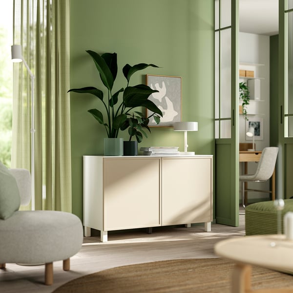 BESTÅ storage combination with doors, white/Krukmakare beige, 120x42x75 cm