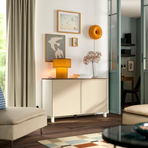 BESTÅ storage combination with doors, white/Krukmakare beige, 120x42x75 cm