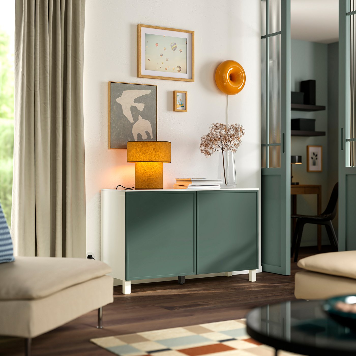 BESTÅ storage combination with doors, white/Krukmakare dark grey-green, 120x42x75 cm