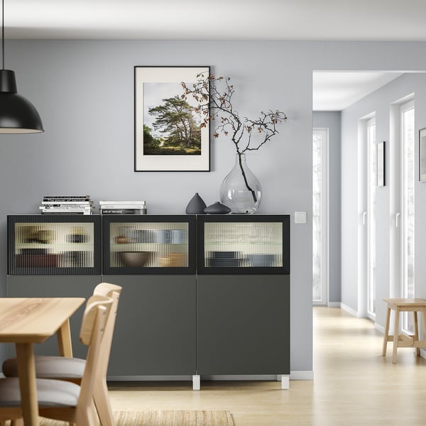 BESTÅ - BESTÅ Storage combination with doors, white Lappviken/Fällsvik dark grey, 180x42x112 cm