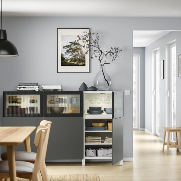 BESTÅ - BESTÅ Storage combination with doors, white Lappviken/Fällsvik dark grey, 180x42x112 cm