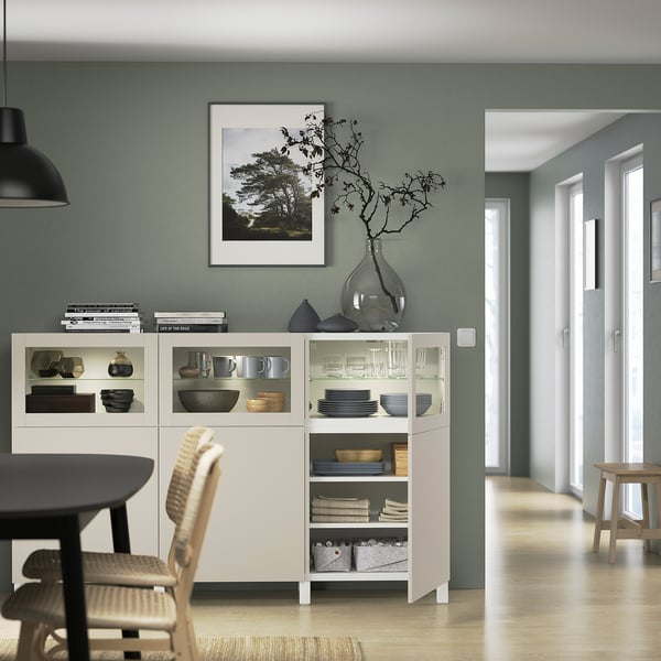 BESTÅ storage combination with doors, white Lappviken/light grey-beige clear glass, 180x42x112 cm