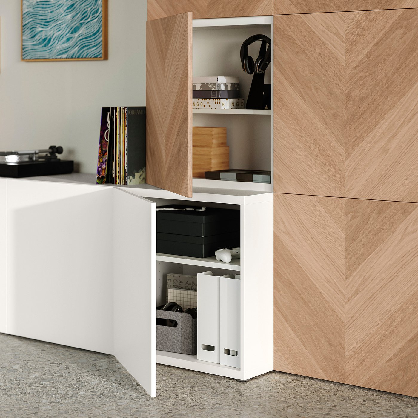 BESTÅ storage combination with doors, white Lappviken/Hedeviken oak, 300x42x193 cm