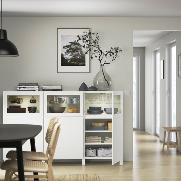BESTÅ storage combination with doors, white Lappviken/Sindvik white clear glass, 180x42x112 cm