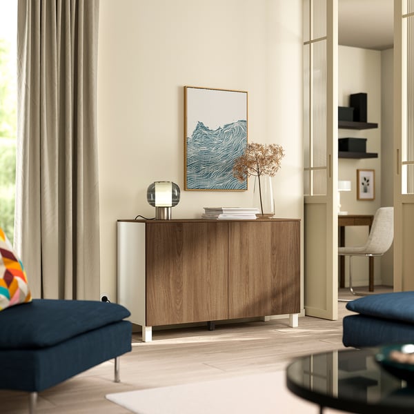 BESTÅ storage combination with doors, white brown/Lappviken/Stubbarp walnut effect, 120x42x75 cm