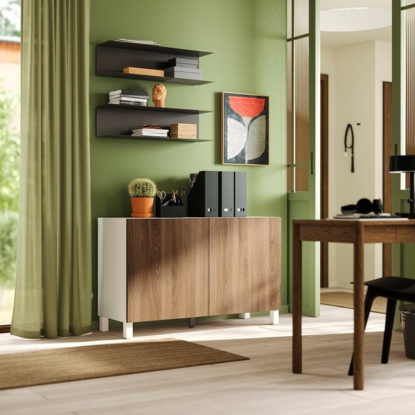 BESTÅ storage combination with doors, white brown/Lappviken/Stubbarp brown walnut effect, 120x42x74 cm