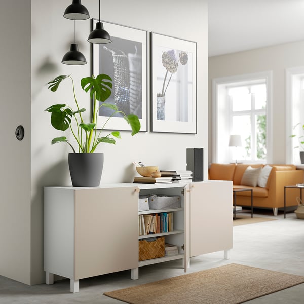 BESTÅ storage combination with doors, white/Lappviken/Stubbarp light grey-beige, 180x42x74 cm