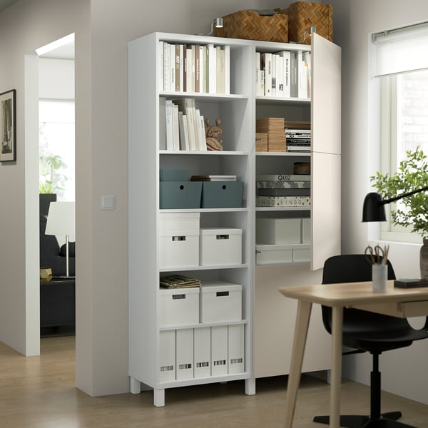 BESTÅ storage combination with doors, white/Lappviken/Stubbarp light grey-beige, 120x42x202 cm