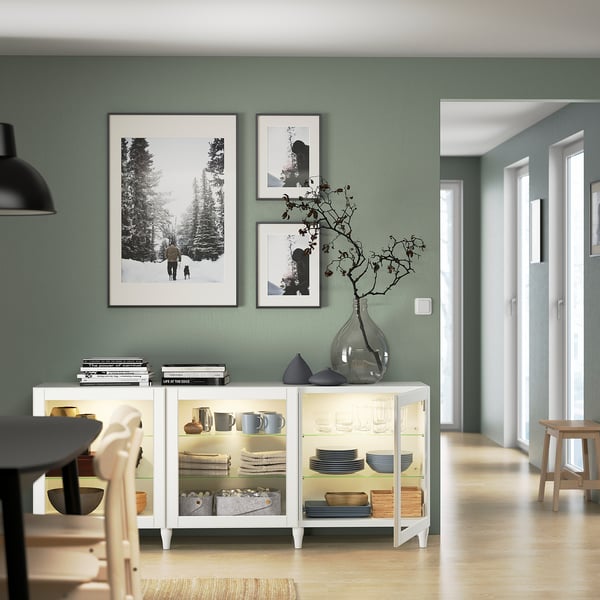 BESTÅ storage combination with doors, white/Ostvik/Kabbarp white clear glass, 180x42x74 cm