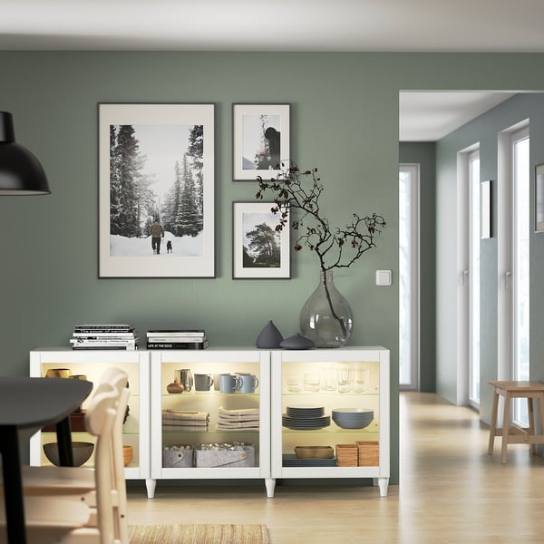 BESTÅ storage combination with doors, white/Ostvik/Kabbarp white clear glass, 180x42x74 cm