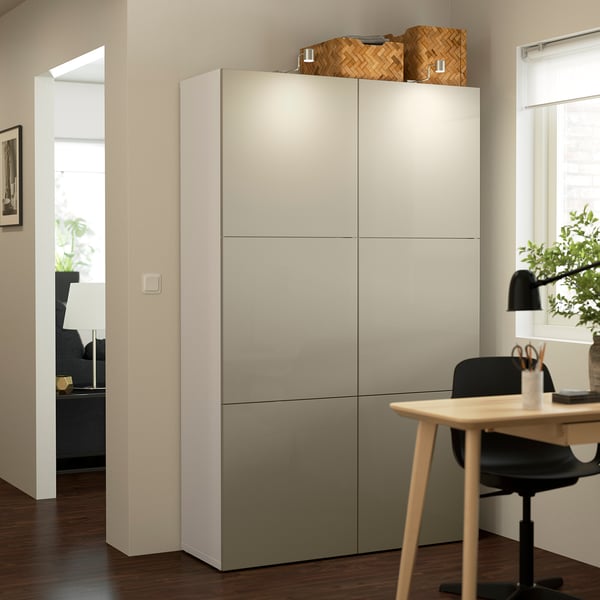 BESTÅ Mobile with doors - white/Selsviken glossy/beige 120x40x192 cm , 120x42x193 cm
