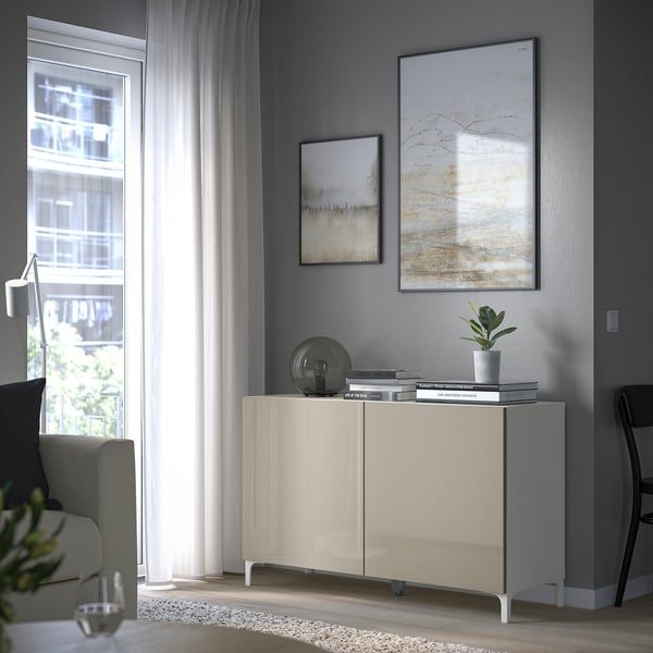 BESTÅ storage combination with doors, white/Selsviken high-gloss/beige, 120x42x74 cm