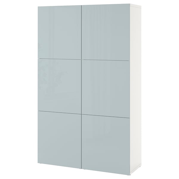 BESTÅ - Storage combination with doors, white Selsviken/high-gloss light grey-blue, 120x42x193 cm