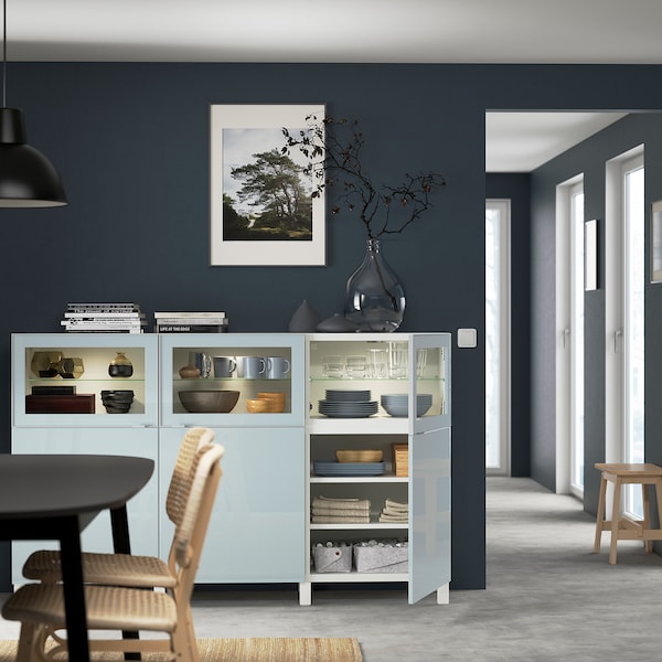 BESTÅ - Storage combination with doors, white Selsviken/high-gloss light grey-blue, 180x42x112 cm