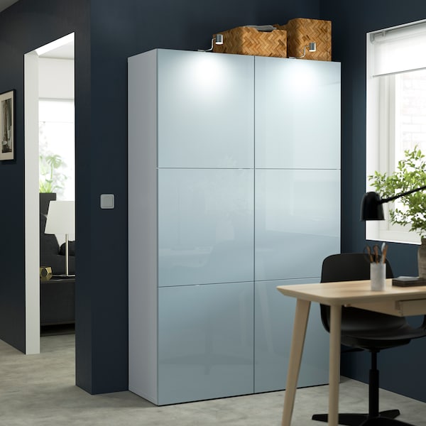 BESTÅ - Storage combination with doors, white Selsviken/high-gloss light grey-blue, 120x42x193 cm