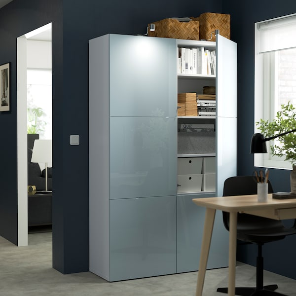 BESTÅ - Storage combination with doors, white Selsviken/high-gloss light grey-blue, 120x42x193 cm