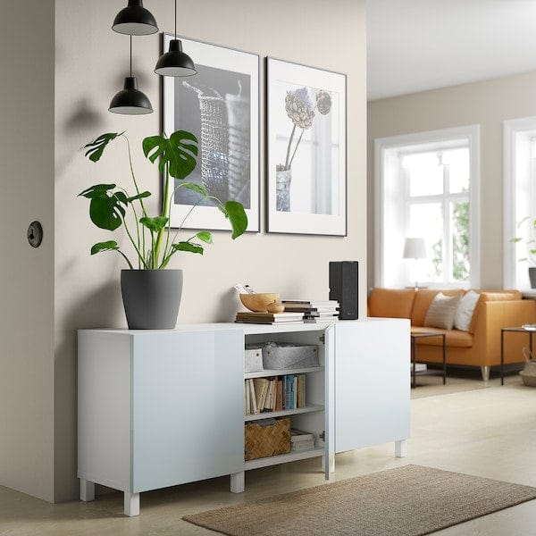 Ikea BESTÅ - Storage combination with doors, white Selsviken/Stubbarp/high-gloss light grey-blue, 180x42x74 cm