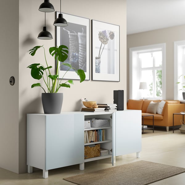 BESTÅ storage combination with doors, white Selsviken/Stubbarp/high-gloss light grey-blue, 180x42x74 cm