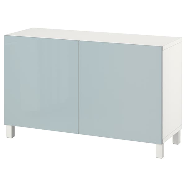 BESTÅ - Storage combination with doors, white Selsviken/Stubbarp/high-gloss light grey-blue, 120x42x74 cm