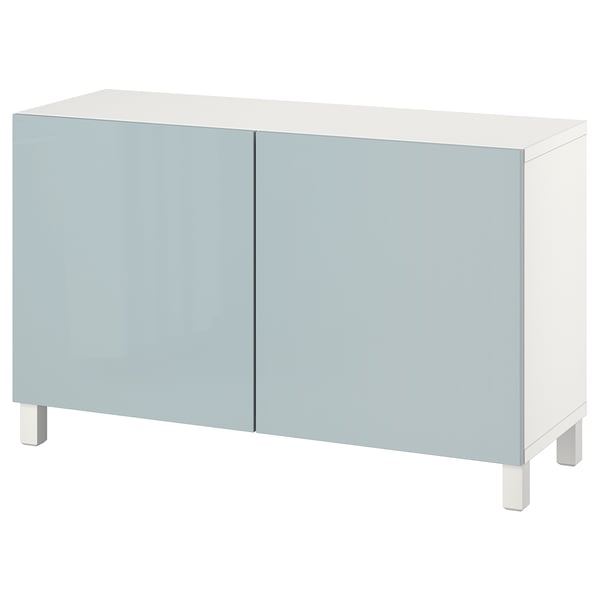 BESTÅ storage combination with doors, white Selsviken/Stubbarp/high-gloss light grey-blue, 120x42x74 cm