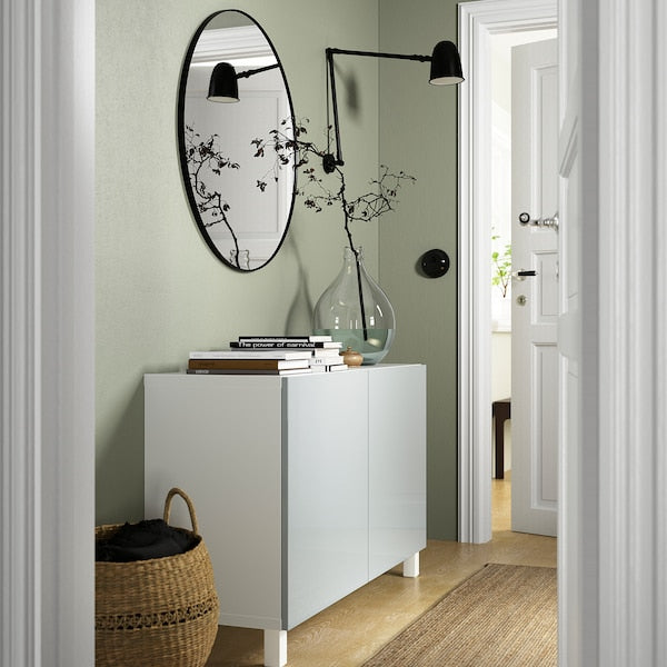 BESTÅ - Storage combination with doors, white Selsviken/Stubbarp/high-gloss light grey-blue, 120x42x74 cm