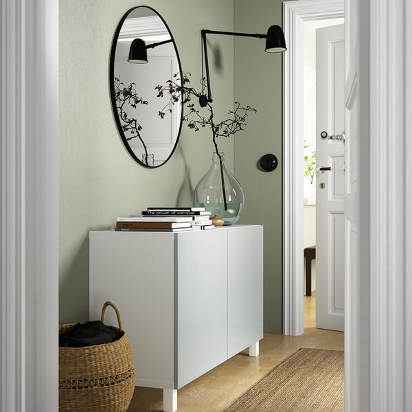 BESTÅ storage combination with doors, white Selsviken/Stubbarp/high-gloss light grey-blue, 120x42x74 cm