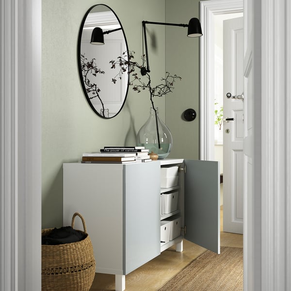 BESTÅ storage combination with doors, white Selsviken/Stubbarp/high-gloss light grey-blue, 120x42x74 cm