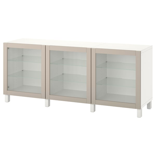 BESTÅ storage combination with doors, white Sindvik/Stubbarp/light grey-beige clear glass, 180x42x74 cm