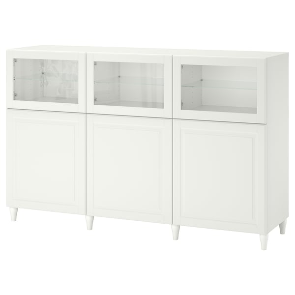 BESTÅ storage combination with doors, white Lappviken/light grey-beige clear glass, 180x42x112 cm